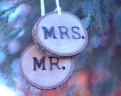 Our First Christmas Ornament 2012, Reclaimed Wood Tree Slice, Mr and Mrs, Wood Christmas Ornament - EndGrainWoodShoppe