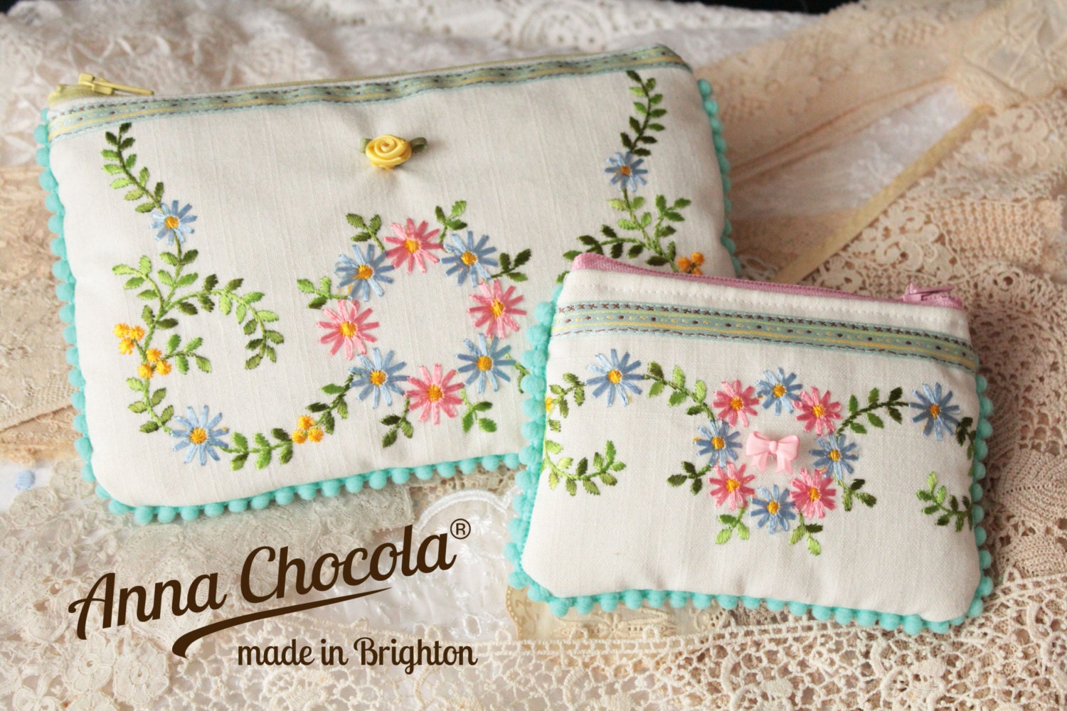 Retro Embroidered Set of 2 Pouches /Makeup bags /Purses made from Recycled Vintage Cloth by Anna Chocola Brighton