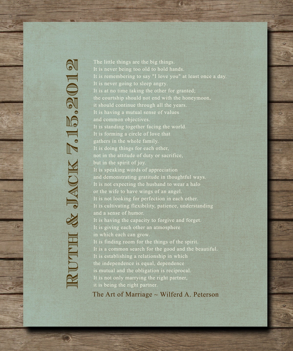 Personalized Wedding Blessing Gift, The ART of MARRIAGE Poem Print, Unique Anniversary Gift idea, Poster 8 x 10, Choose Colors and Font