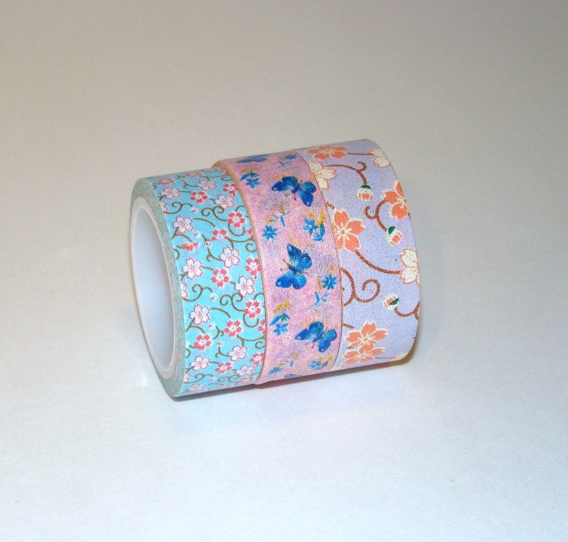 Washi Tape Roll Set of Three Cute Pastel Sakura Cherry Blossoms & Butterflies 15mm x 6m