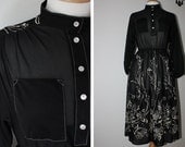 Vintage 40's style sheer black front buttoned with white patterned outline dress