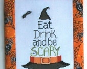 Halloween completed cross-stitch witch hat wall hanging