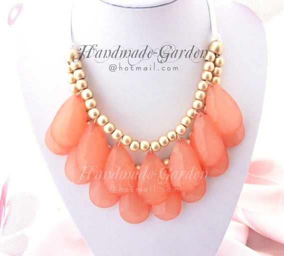 Translucent Coral Pink (No.08) - Size 50mm Big Teardrop Double Strand Necklace, Stormy Seas Briolette Bib Statement Necklace - GD002A