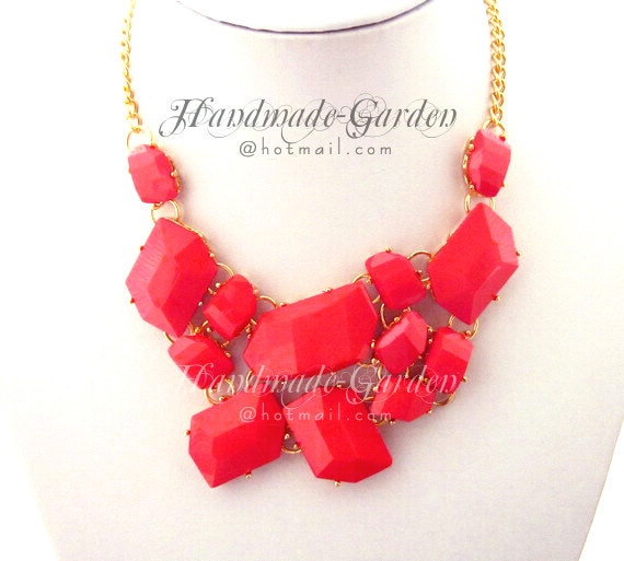 Red - Shattered Faux Stone Fragment Cluster Statement Bib Necklace - GD006A