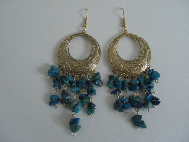 Gypsy Chic Peacook blue stone glass beads chandelier earrings, gypsy bohemian