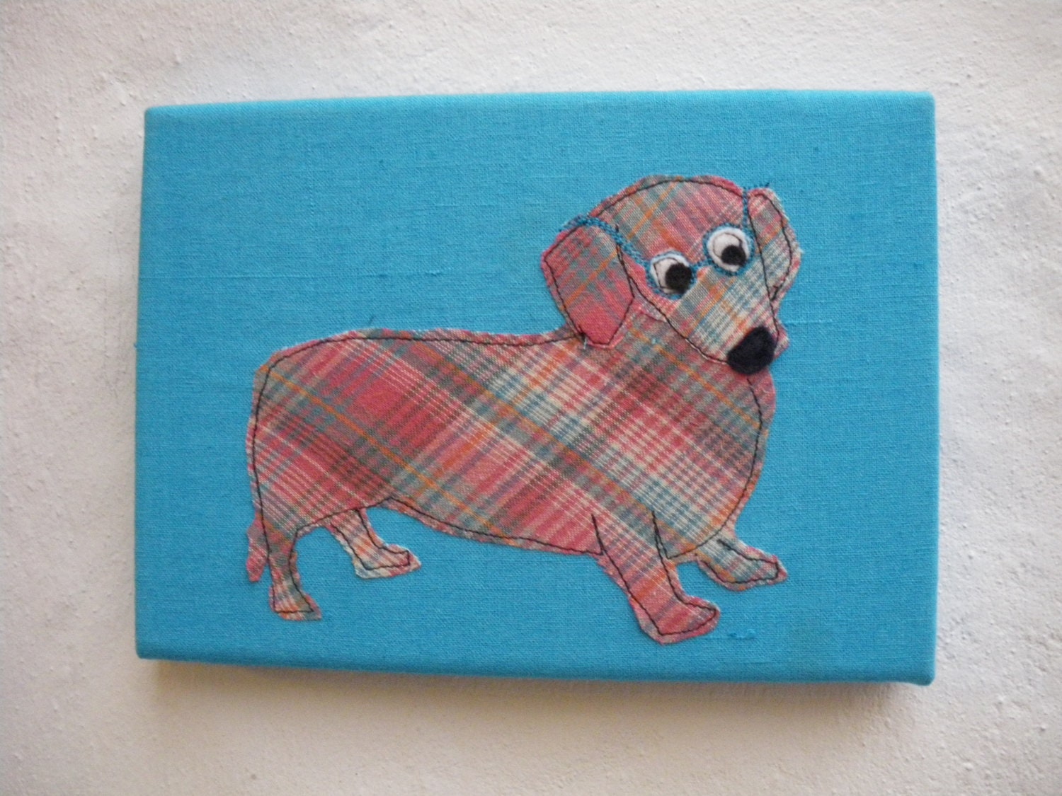 Dashhound Dog wearing glasses Cotton Fabric Tartan Picture on canvas frame 5" x 7" x 0.75" Woof Woof Grr