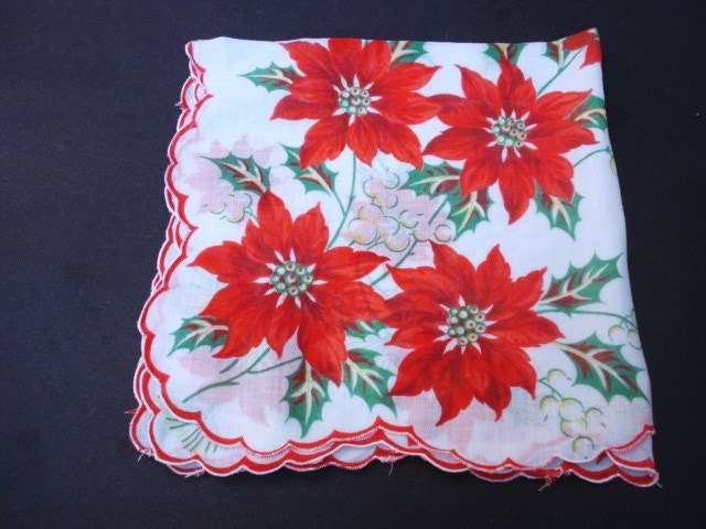 1950s  Handkerchief - Hanky - Floral - Poinsettia Blossoms -  Christmas - Perfect Gift - VerasLinens