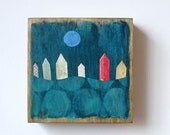 Hand Painted and Decoupage 6x6 Little Houses Teal Sky Art Block