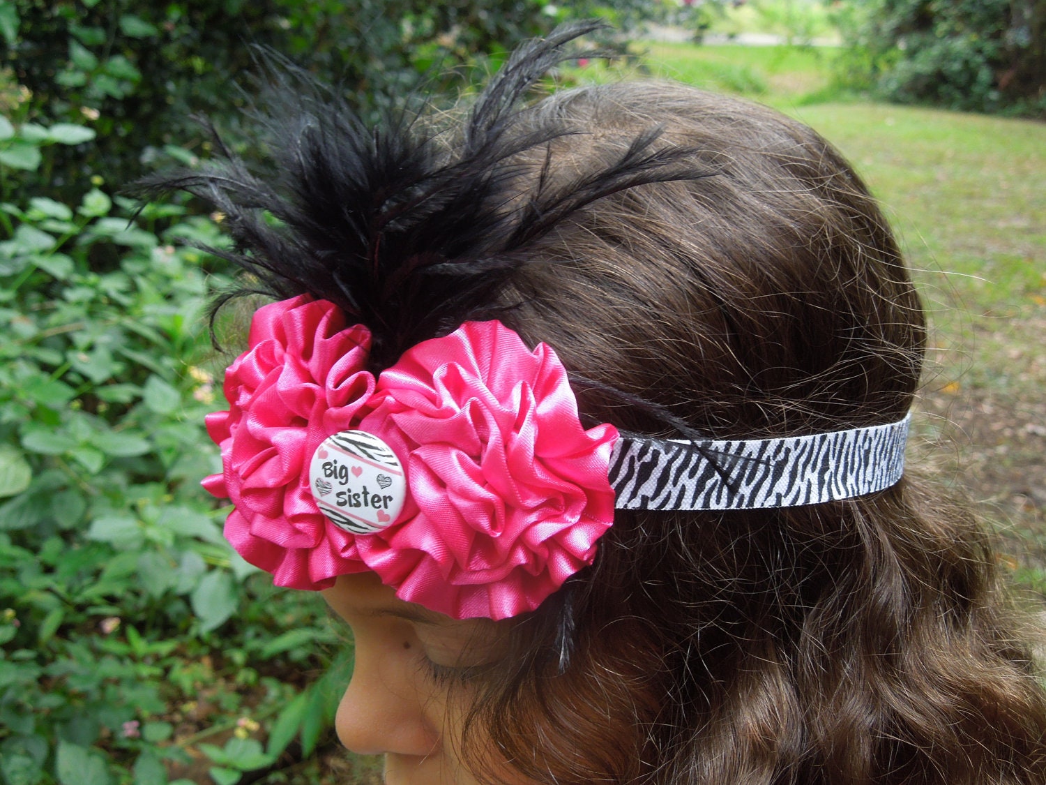 BIG SISTER- 5/8'' Zebra elastic headband-Stunningly beautiful-black ostrich feathers-Photo Prop-HANDMADE-baby-toddler-girl-woman