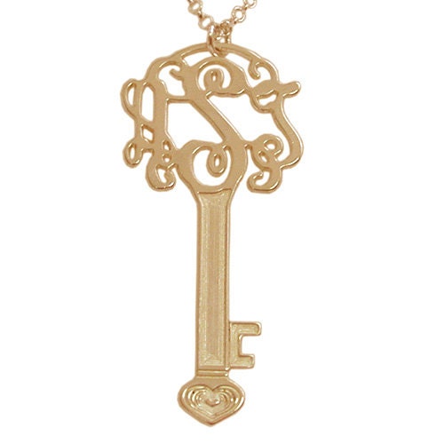 18k Yellow Gold Plated On Brass Monogram Necklace Key & Heart 0.74 Inch Personalized Initials Letters Monogrammed Filigree Pendant Cut Out