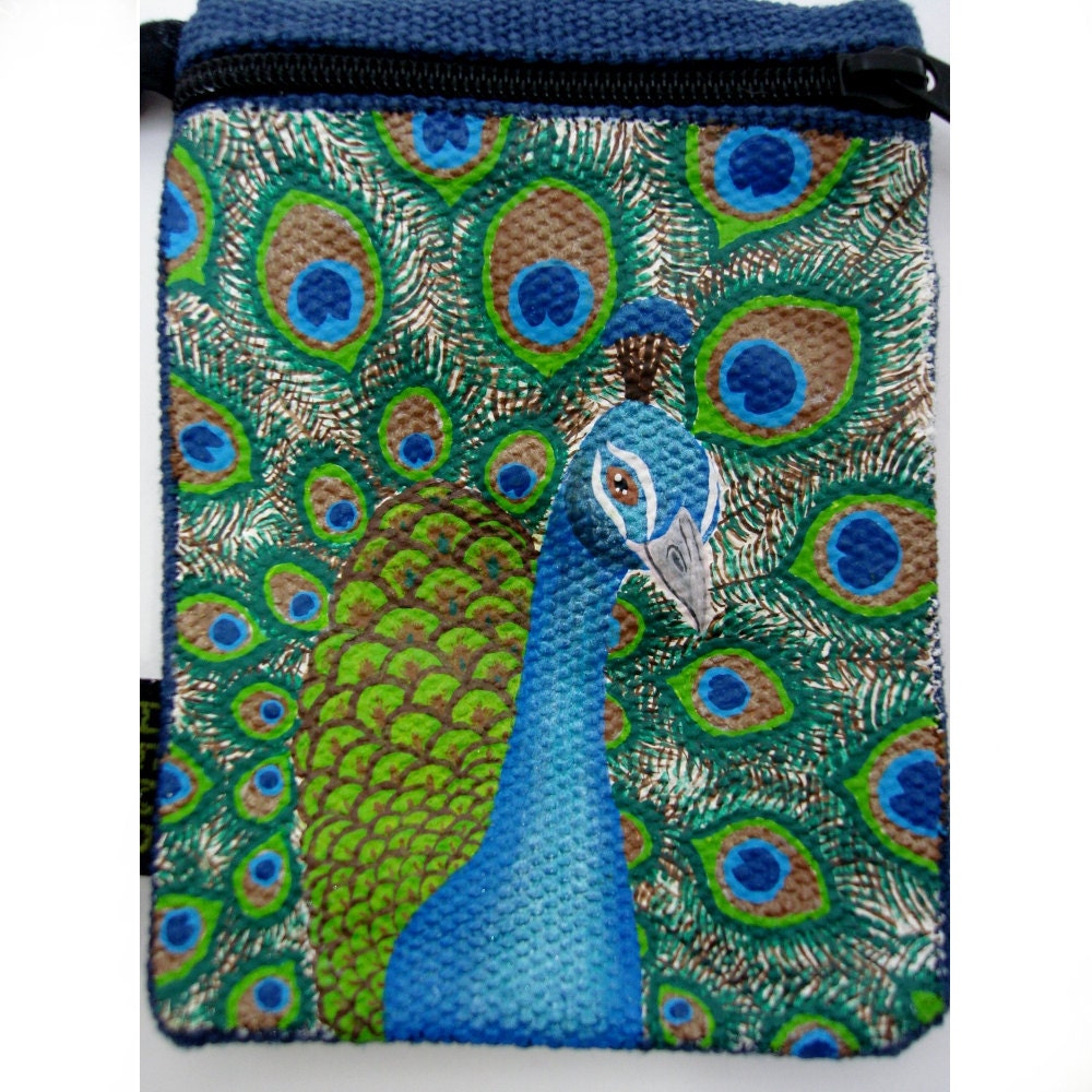 Hand Painted Beautiful Peacock Indigo Blue Key Ring Coin Purse 100% Hemp Eco Friendly