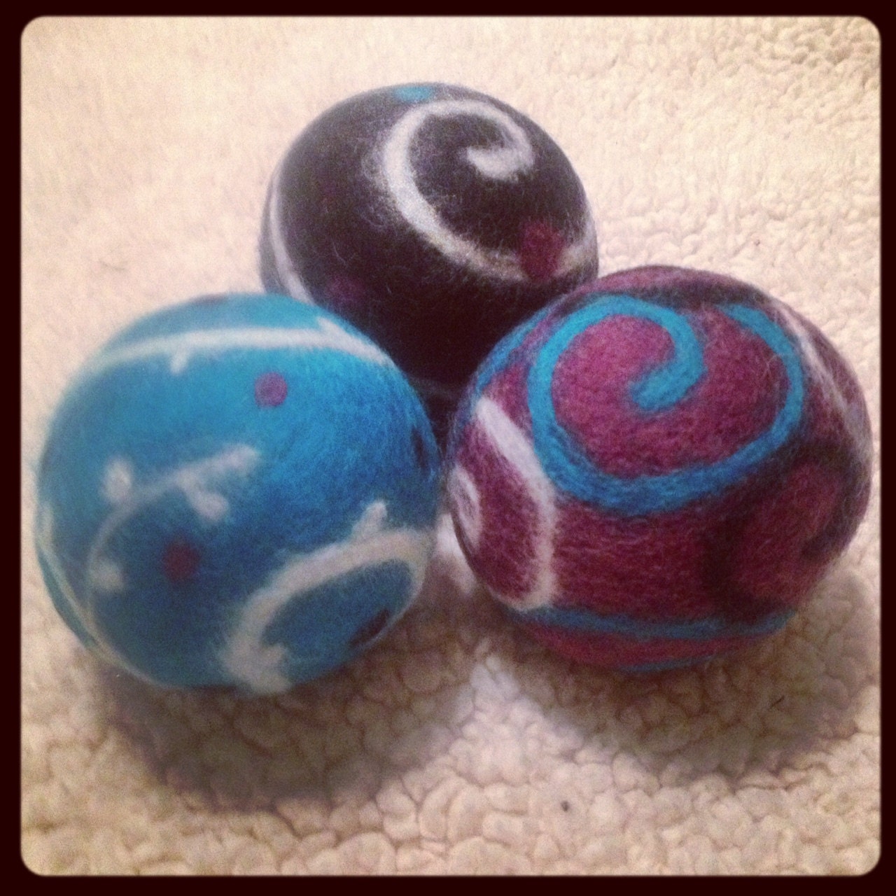 Set of 3 Wool Dryer Balls or Decoration with simple needle felted design