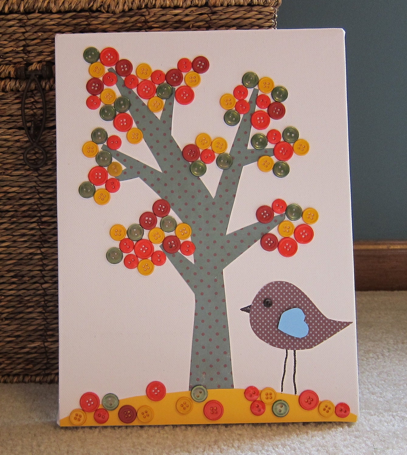 Children's Room Canvas Art, Nursery decor,  9X12, bird, tree, cute as a button, fall colors