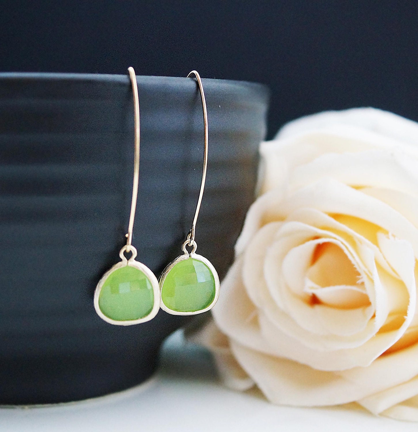 Modern Jewelry Modern Earrings Dangle Earrings Matte gold framed Apple Green Opal Glass Drops Earrings Gift for Her . Gift Under 20