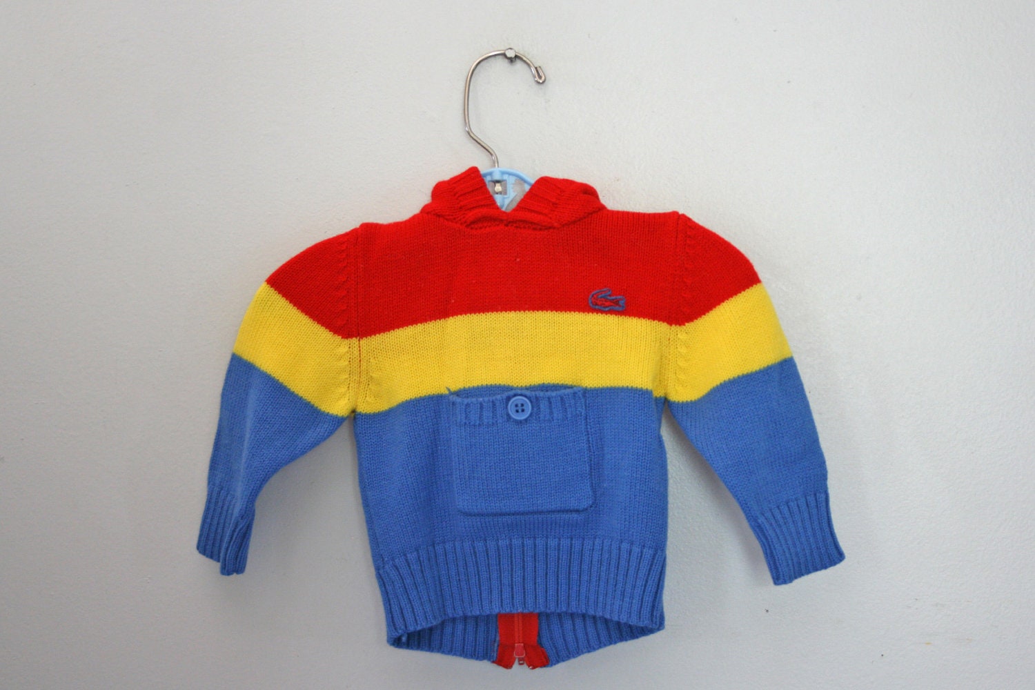 vintage 80s Izod Lacoste Baby Boy Primary Colors Striped Knit Sweater Hoodie with Red Crocodile - vintagekidlets
