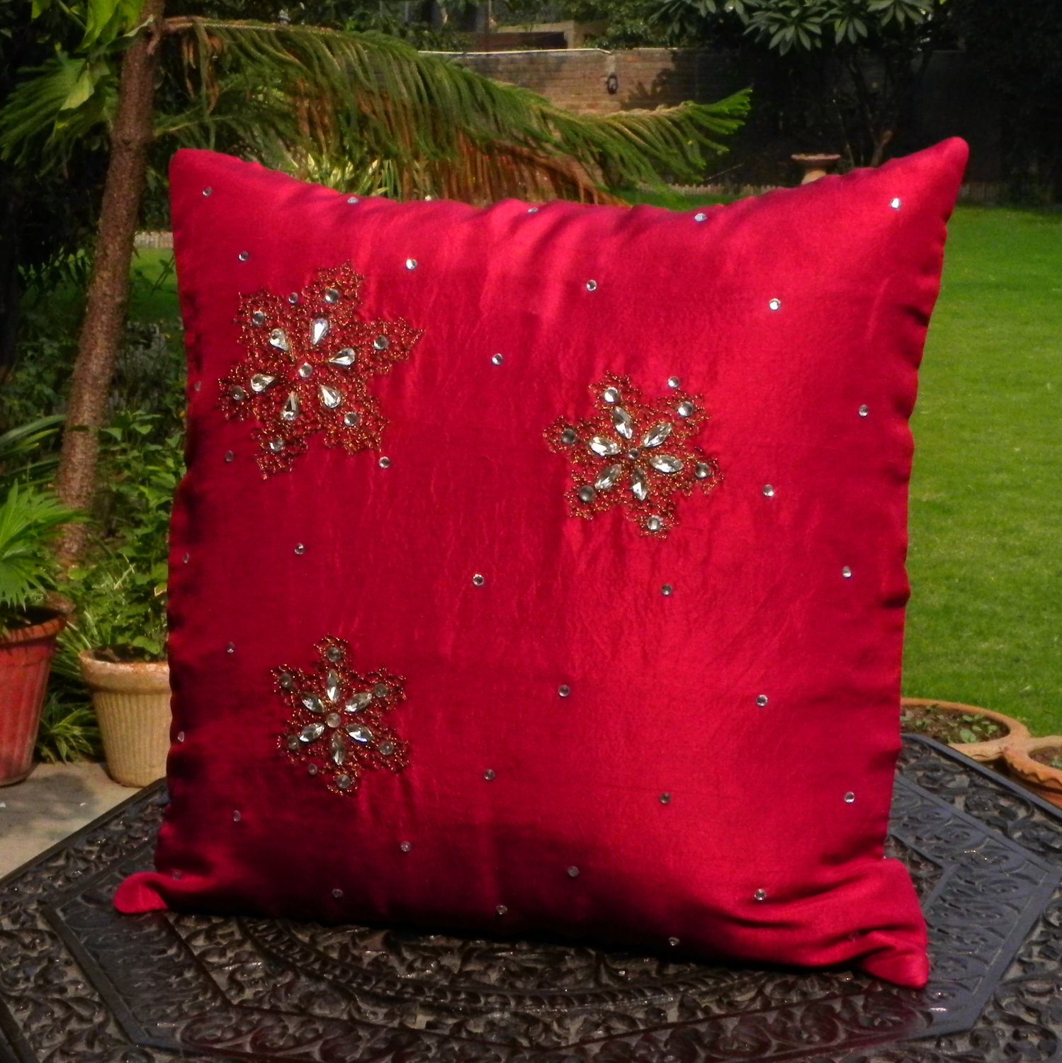 Red Snowflake Christmas Throw Pillow Cover - 16 x 16 Traditional Raw Silk Cushion with Gold Thread Aar Embroidery Indian Style