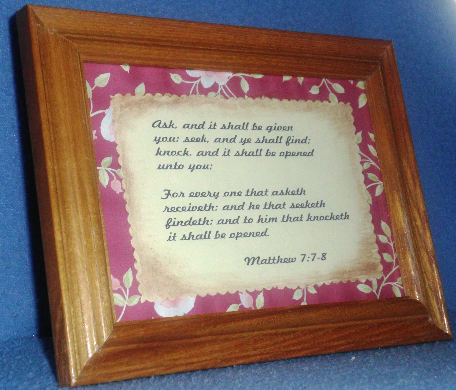 Matthew 7:7-8 Red Flower & Wood Frame-vintage look-wall decor for home decor-wall hanging or table setting
