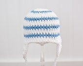 Crochet Baby Hat for Boys, Earflap Hat, Baby Boy Hat, Baby Boy Clothes, White, Light Blue, 0 to 3 Months - Children Clothing, READY TO SHIP - BBirdBoutique