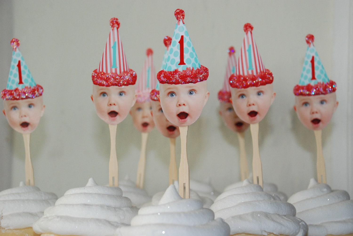 DIY Circus birthday hat photo cupcake toppers using 2 hats..