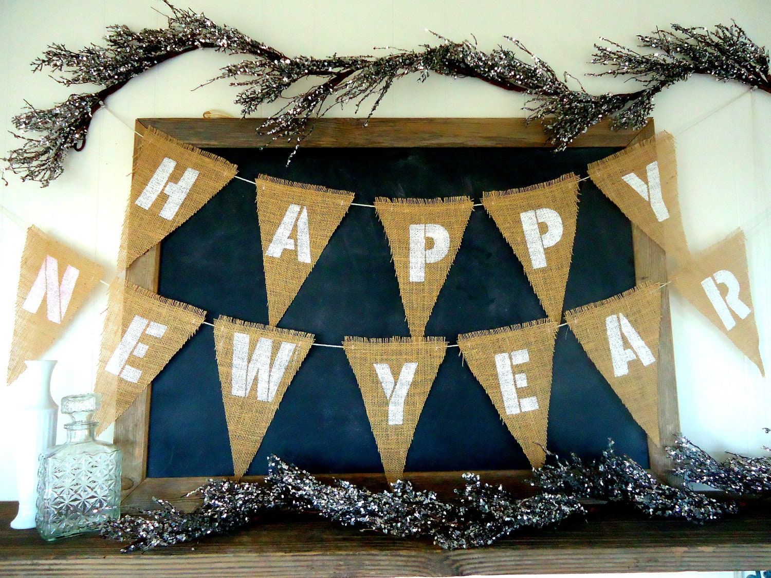 Happy New Year Triangle Burlap Banner Holiday Garland Party Sign Decor Bunting White Letters
