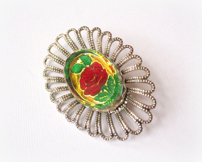 Vintage Brooch Beveled Red Flower Rose Unique Oval Foil Pin Vintage Brooch UnSigned Jewelry