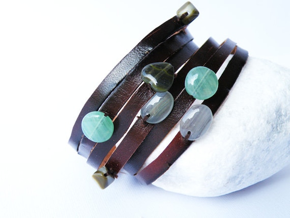 Cuff Leather Bracelet. Multi Strand. Glass beads. Green Tones. BrownLeather. by SteamyLab.