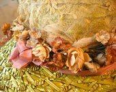 Vintage Girl's Straw Hat - Lace Ribbons and Flowers - Green and Pink - Baubles and Bows