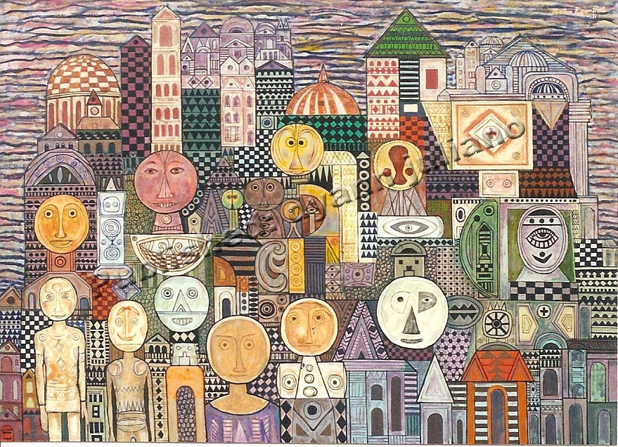 MidCentury Painting by Martin Rosenthal CityScape of the FUTURE PEOPLE/ 1971/Visionary Oil on Canvas