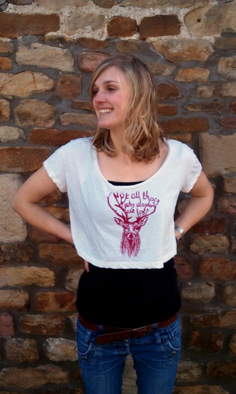 Womens T-shirt Animal Deer Quote Crop Tee illustrated Art American Nature Apparel Creme Burgundy Screen print Quality Tee Fashionable 