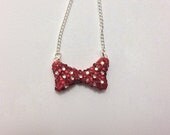 Minnie Mouse Inspired Red Rhinestone Bow Necklace, Polymer Clay Charm