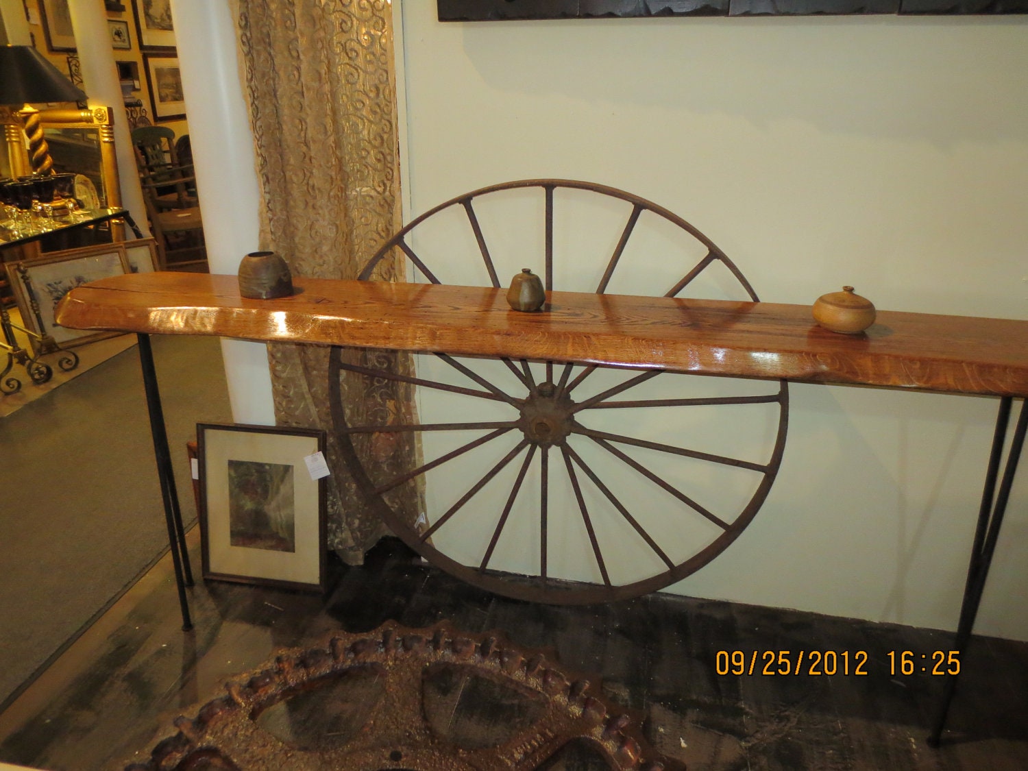 hand made live edge wood, vintage industrial console sofa table with iron, ore cart spoked wheel. by GIVBAK