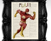 Flash - Digital Painting illustration super hero collection art print 8"x11", old dictionary page - Vintage recycled paper art print poster.