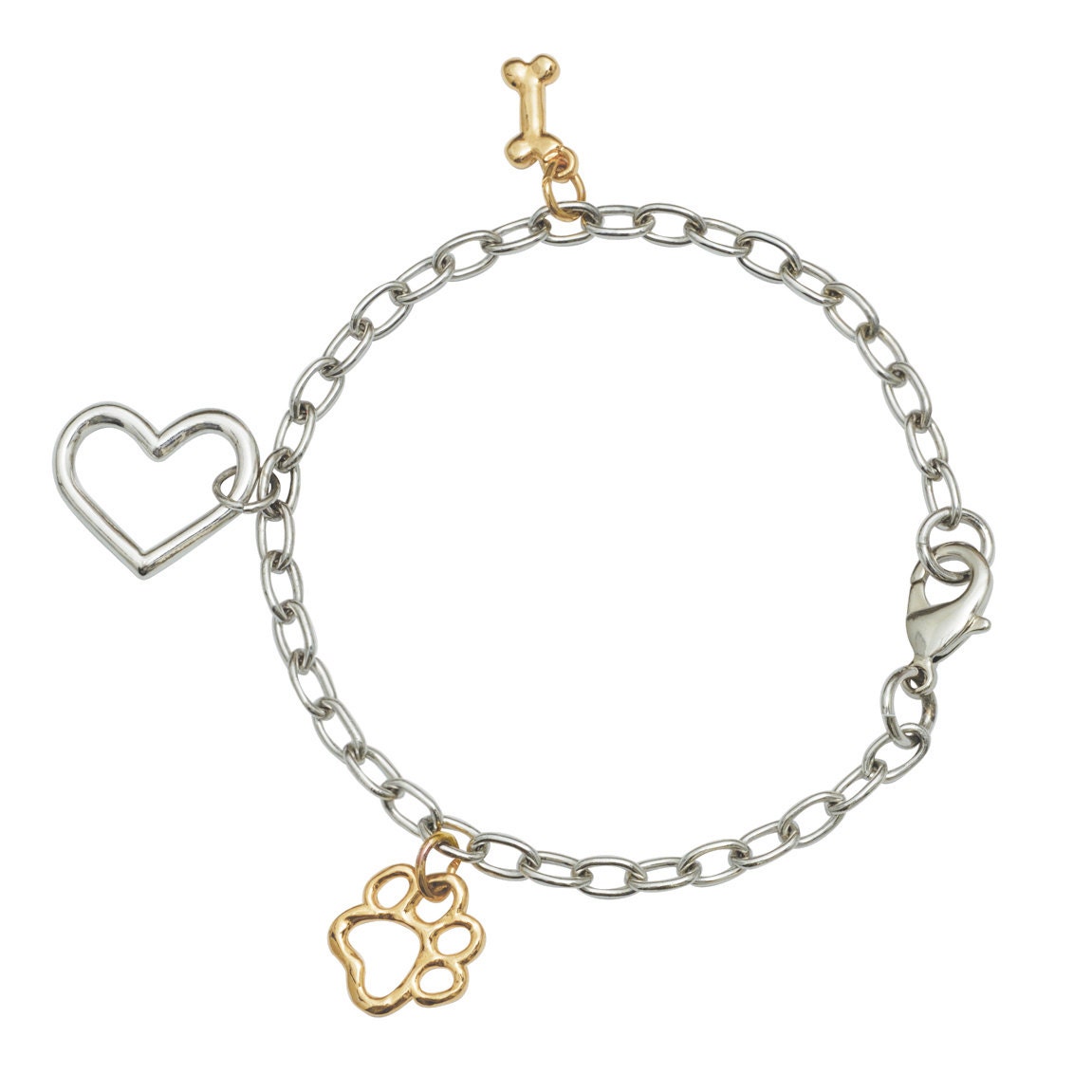 Gold Plated Pet Lover Charm Bracelet - Bone/Heart/Paw