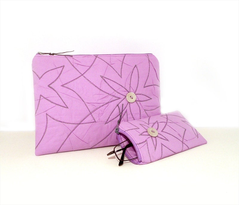 Two Piece Organizer Set, zippered pouch set, cosmetic bag - eyeglasses case, lilac and grey, gift for her