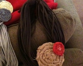 Brown scarf, style chunky medium length, burlap and poppy flower