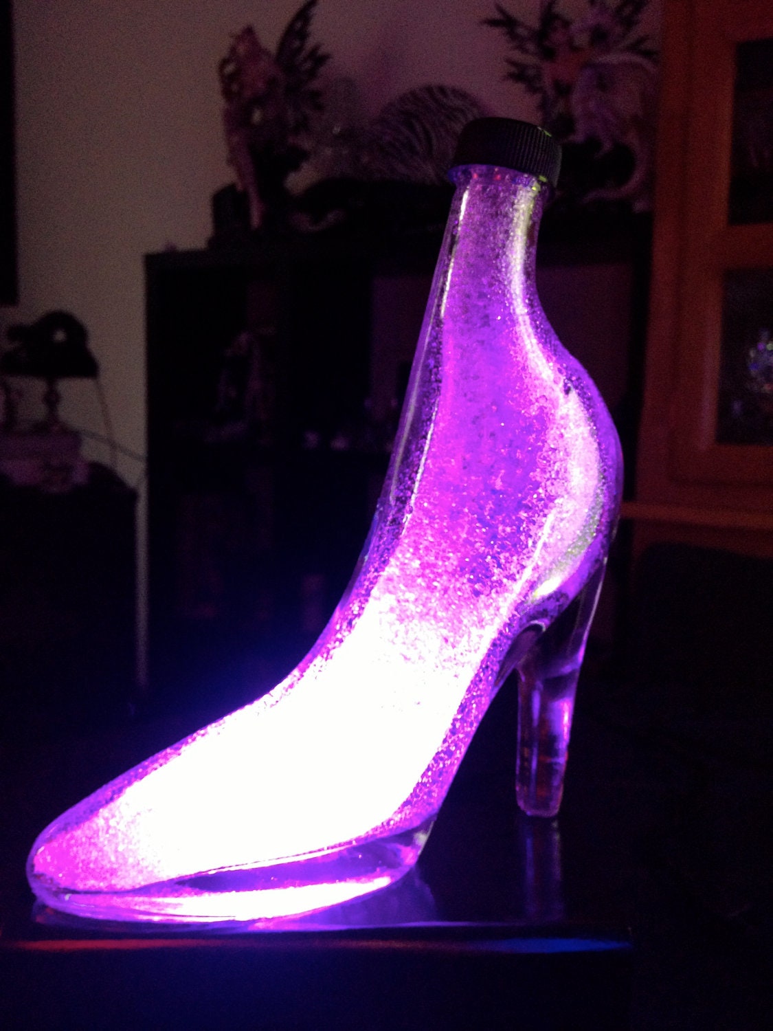 Glass High Heel Shoe Bottle - Color changing LED up-cycled recycled Lamp -  great gift for the woman in your life