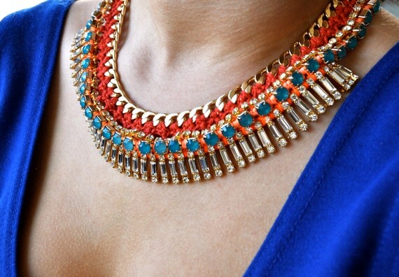 Bib Rhinestone necklace - crystal drop necklace made with thread crochet work, crystal chain, vintage clasps, gold plated chain.