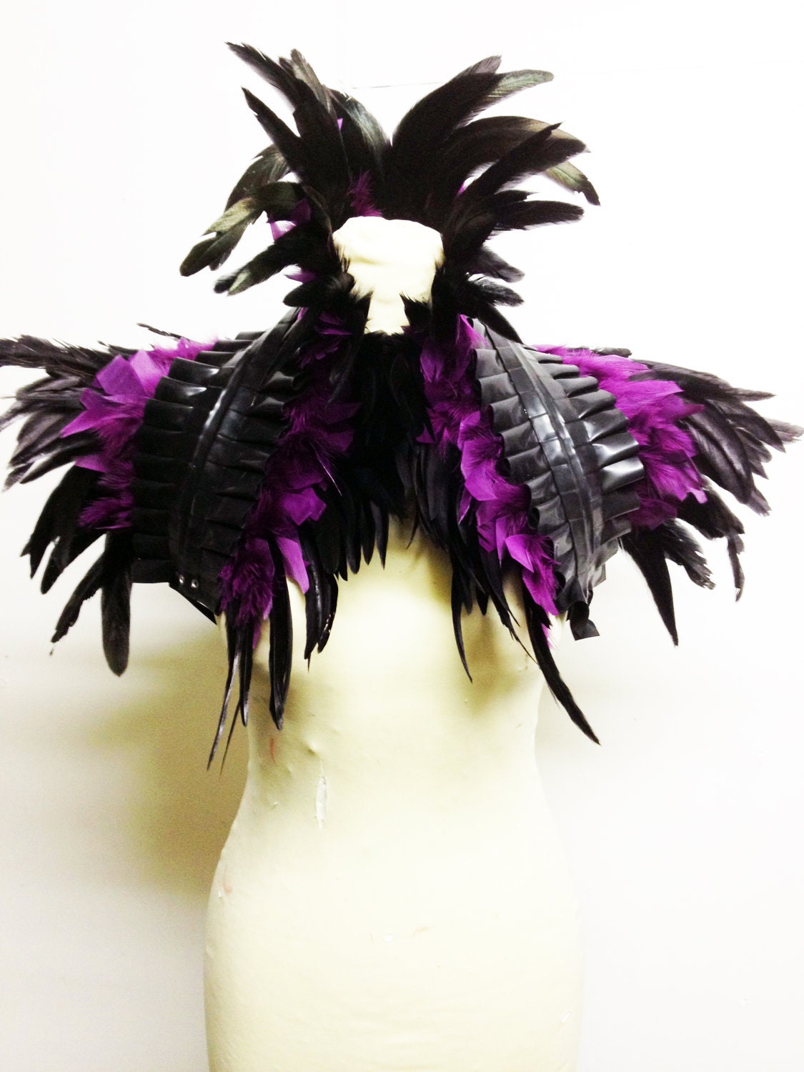 Unique Latex black & purple feather burlesque shrug/bolero/belt. Steampunk, fetish - handmade in uk