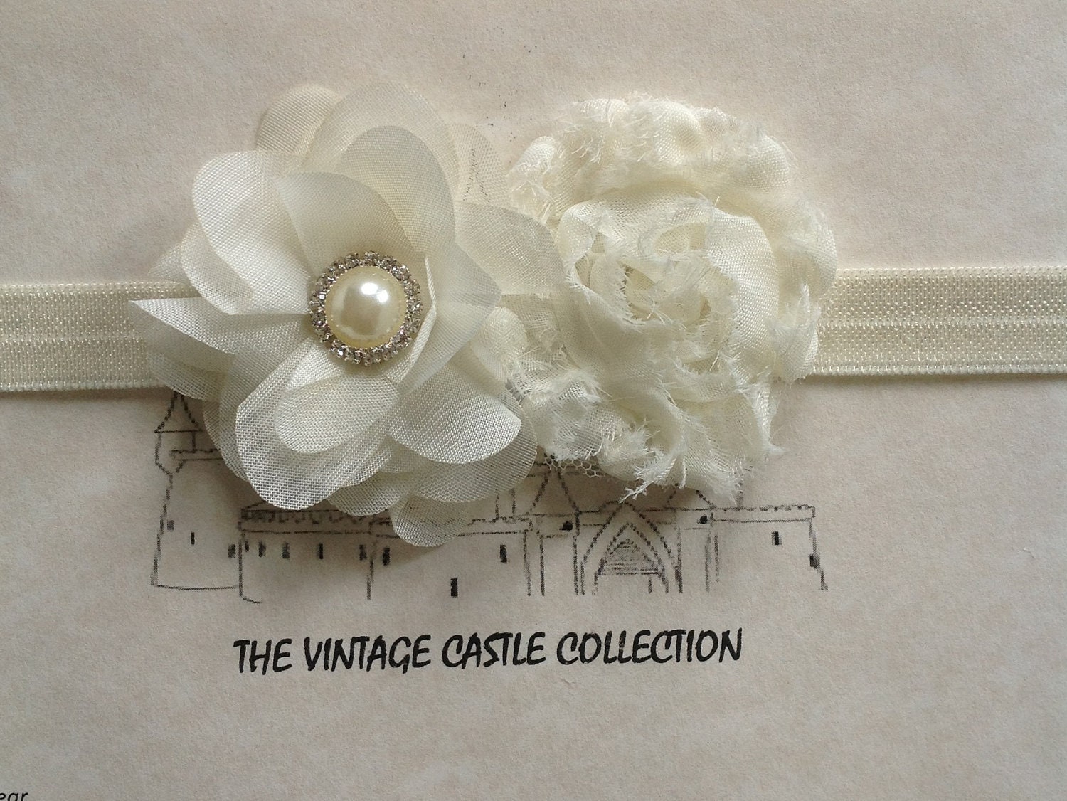 Ivory shabby chiffon flower vintage inspired headband for baby christening newborn toddler child pearl rhinestone