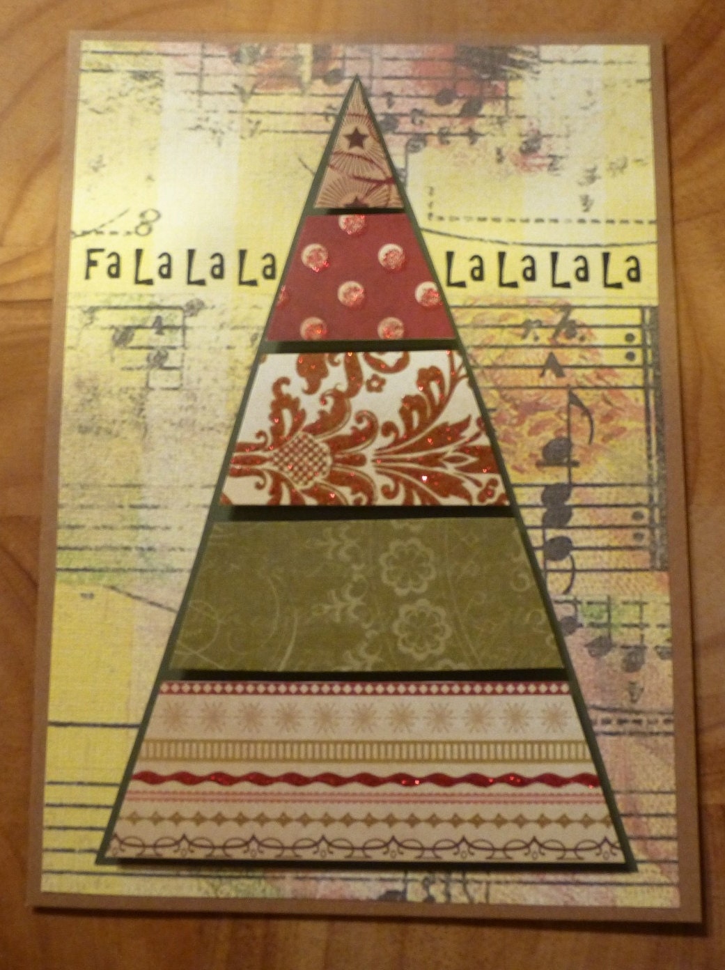 One dollar OFF - Handmade - Holiday - Christmas Card - Christmas Tree - Sheet Music - Vintage Red Green Tan