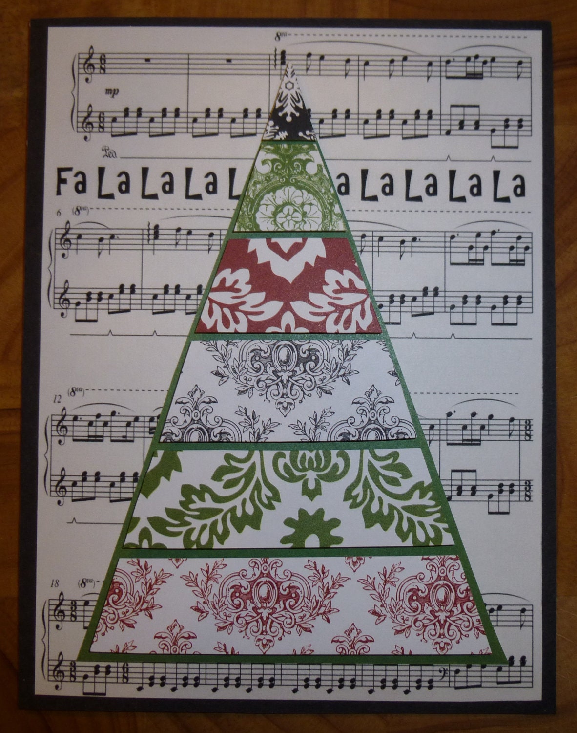 One dollar OFF - Handmade - Holiday - Christmas Card - Christmas Tree - Sheet Music - Elegant - Black, White, Red and Green