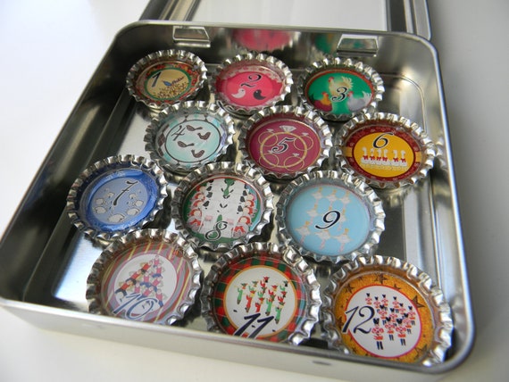 HOLIDAY SPECIAL The 12 Days of Chrstimas Bottle Cap Magnet Set of 12 in a Gift Tin Perfect for an Extra Stocking Stuffer