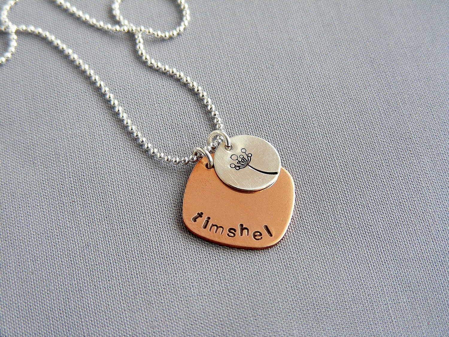 Literary Book Quote Timshel and Flower, Hand Stamped Silver and Copper Charm Necklace