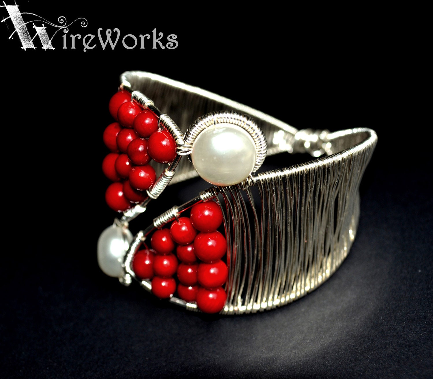 Moonlight Bracelet. Silver plated, wire wrapped, minimalist, organic, red bangle - SuggestiveWireWorks