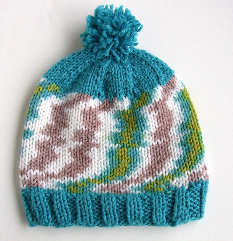 Handmade Knit Toque Multicolor Boy Girl Pom Pom Hat Turquoise Blue Stripe Knitted Hat
