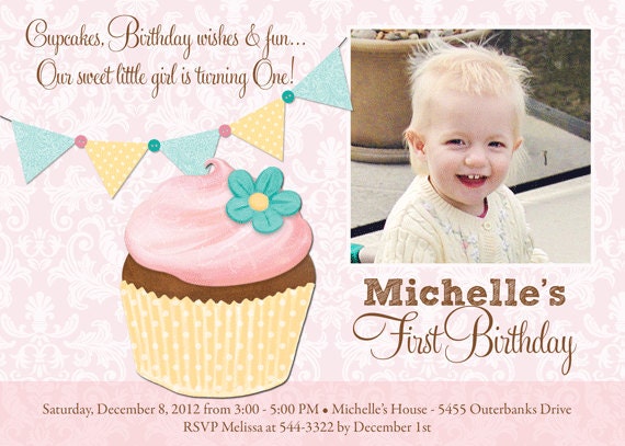 Vintage Look Cupcake with Bunting 1st Birthday Party Invitation - Printable Il_170x135