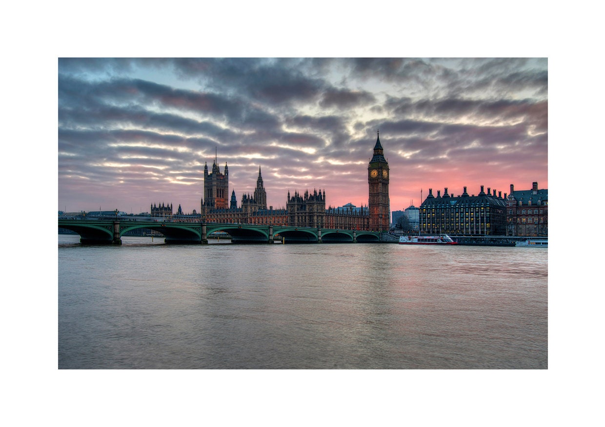 Westminster Bridge Sunset 001 (LIMITED EDITION colour PRINT) Big Ben River Thames London.