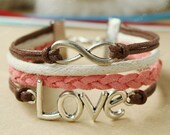 Infinity Bracelet-LOVE Bracelet ,coffee love symbol bracelet-pink and brown  bracelet  gift for girls