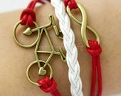 Bronze bicycle design bracelet and infinity bracelet ,red rope chain,white braid leather chain,Christmas gift / present,SL337