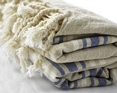 Turkish Towel Peshtemal - Linen and Dark Blue Striped. Linen Turkish Towel - TurkishTowelStore